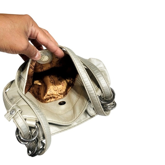 Tignanello Metallic Gold Silver Pebbled Leather shoulder Bag Brown Chain Fabric - Picture 11 of 14